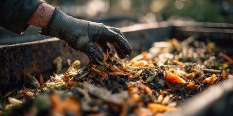 Close-up of a gloved hand sorting through compost material outdoors in warm sunlight, concept for sustainable living, organic gardening and waste reduction