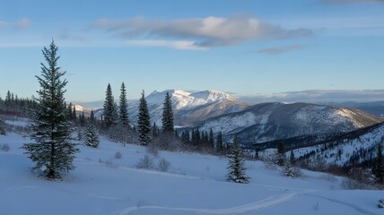 Majestic Peaks Blanket in Snow, A Winter Wonderland Under a Pale Blue Sky Glow