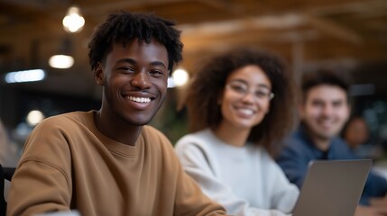 Wide-angle of collaborative workspace filled with laughter, laptops, and digital creativity — highlighting STEM empowerment, education equality, and the future of community-based learning.