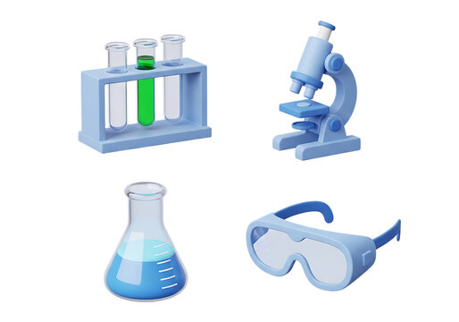 3d icon of laboratory equipment set isolated on transparent background, including test tubes