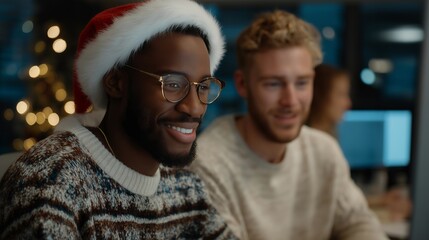 Team of designers creating a holiday marketing campaign surrounded by Christmas-themed visuals on computer screens — a creative behind-the-scenes moment showing innovation, teamwork, and seasonal