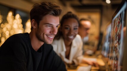 Team of designers creating a holiday marketing campaign surrounded by Christmas-themed visuals on computer screens — a creative behind-the-scenes moment showing innovation, teamwork, and seasonal
