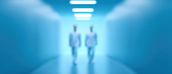 Blurry figures in white medical attire walk through bright blue corridor, symbolizing hope and healing in clinical environment. scene evokes sense of professionalism and care in medical field