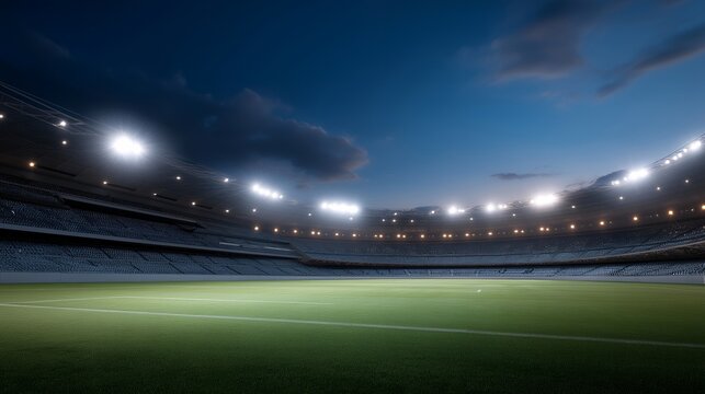 Modern digital advertising banners glowing around the field during an evening match — futuristic visual for promotion of sponsorship opportunities, technology integration, and brand visibility