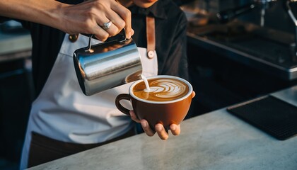 Barista pouring milk to create latte art in brown ceramic cup in cafe setting