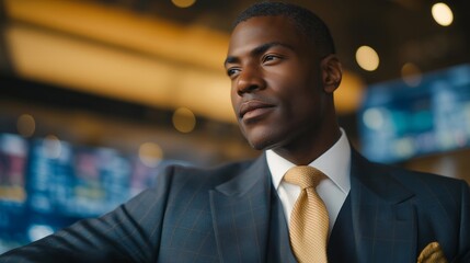 Wide shot of the lawyer gazing thoughtfully at a digital dashboard showing carbon impact data — visionary representation of how legal professionals drive sustainable corporate transformation.