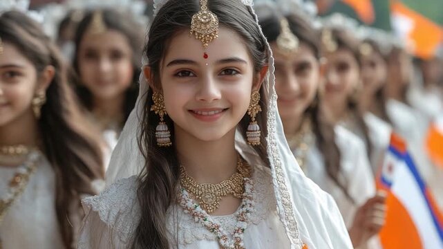 A group of young Indian girls dressed in traditional clothing, perfect for cultural or historical themes