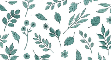 Seamless Pattern of Teal Botanical Elements Delicate Leaves and Floral Accents