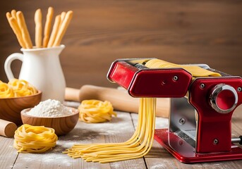 Freshly made pasta dough extruded through a red manual pasta maker on a wooden table