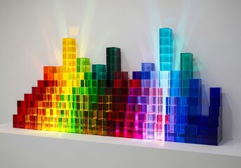 Vibrant rainbow spectrum of translucent acrylic blocks forming an abstract cityscape on a white surface