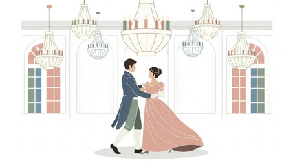 Elegant couple dancing in grand ballroom under chandeliers during historical reenactment, capturing romantic and sophisticated atmosphere.