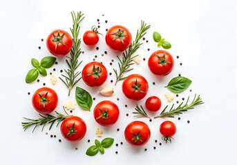 Fresh ripe tomatoes arranged with herbs and spices on a white background