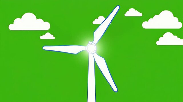 Animated wind turbine generating clean renewable energy on green background