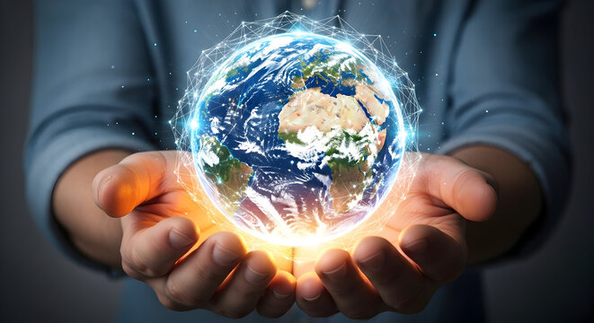 Hands holding Earth with glowing energy, symbolizing global connection.