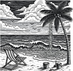 Beach scene illustration with palm trees waves and chair black white eps silhouette
