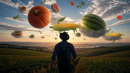 A lone farmer contemplates a surreal and bountiful harvest with giant fruits and vegetables floating like clouds in the sky above a vast field - Powered by Adobe