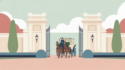 Horsedrawn carriage passes through ornate gates leading to a grand estate on a bright, sunny day, evoking a sense of elegance and timelessness.