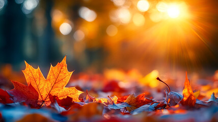 Ground level close up photo of fall colored leaves on a foest floor sun streaming through the leaves