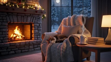 A serene and cozy winter evening scene unfolds indoors, radiating warmth and tranquility. A contented feline rests peacefully, nestled within a soft, knitted blanket draped over a comfortable armchair