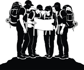 Group of hikers looking at map planning adventure travel backpacking trip eps silhouette
