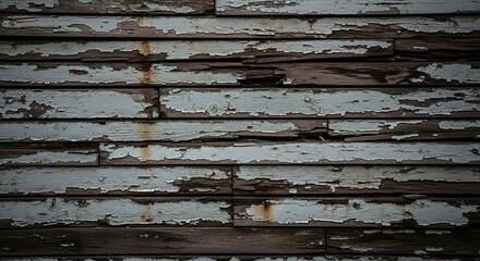 Abstract background of an old building facade with cracked and peeling white paint on horizontal wooden planks, showing age and decay