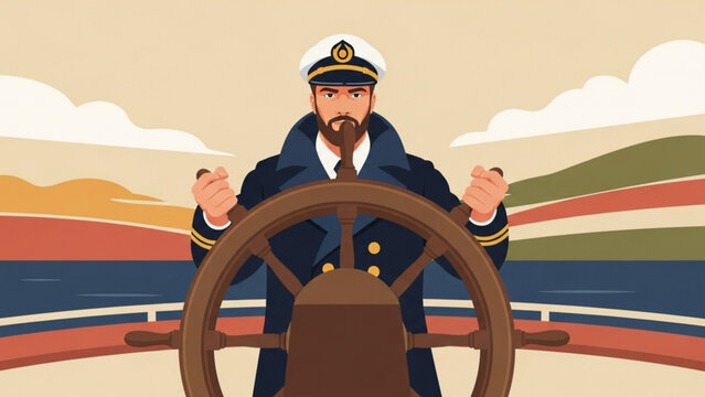 Bearded captain steers ship on open sea during sunset with confident expression and nautical theme, evoking sense of adventure and maritime tradition.