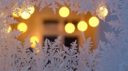Abstract Ice Crystal Window Patterns with Blurred Lights, Winter, Holiday, Christmas Decorations