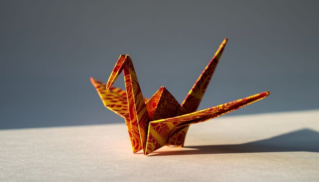 Close-up of a colorful patterned paper folded into an origami crane on a flat surface