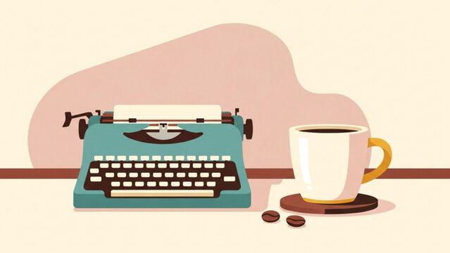 Typewriter sits beside a cup of coffee on a desk, symbolizing creativity and the writing process in a minimalist, cozy aesthetic.