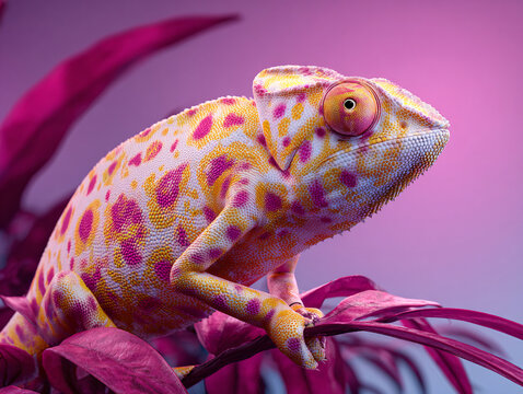 Pink Magenta Spotted Chameleon on Flower AI Generated Digital Fantasy Wildlife Art