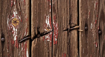 Rustic wooden fence with peeling red paint and weathered texture, showcasing a close-up view of aged wood grain and rusty nails