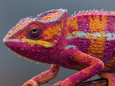 Vibrant Multicolored Chameleon with Pink Orange Yellow Spots AI Generated Digital Wildlife Art