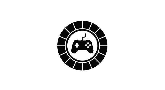 Retro video game controller icon inside a circular segmented frame, symbolizing classic gaming and entertainment.