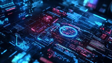 Abstract neon blue and red digital circuitry and data visualization depicting futuristic technology, artificial intelligence, cybersecurity, cloud computing, information network - Powered by Adobe