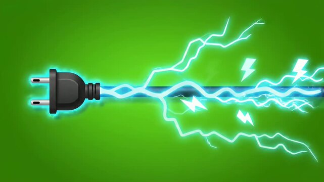 Black electrical power plug with cable and bright blue arcs on a vibrant green background