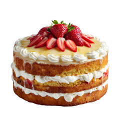 Three Layer Strawberry Cake with Whipped Cream isolated on a transparent background