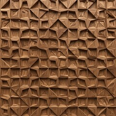 Detailed three-dimensional relief carving on a wooden surface, showcasing an intricate abstract geometric pattern of triangles and polygons