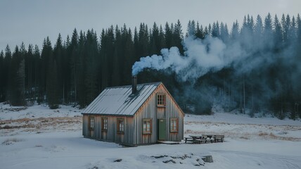 Cozy Cabin in Snowy Winter Landscape: A Warm Retreat in the Cold Wilderness
