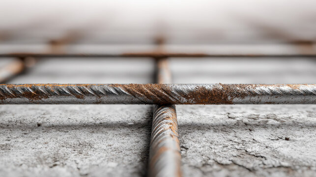 Rusty steel reinforcement bars intersecting on rough concrete floor in industrial construction setting with textures and close focus on metal details