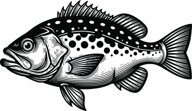 Black and white illustration of a spotted sea bass fish vector art eps silhouette
