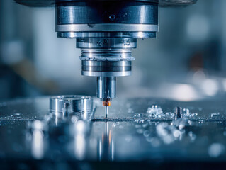 High precision cnc milling machine cutting metal with intricate details and creating fine metallic shavings in a modern industrial workshop setting
