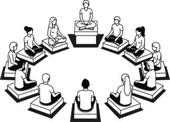Group of people sitting in a circle meditating in lotus pose, black and white isometric line art vector illustration.