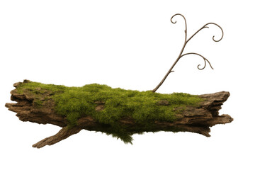 Obraz premium Weathered wood log covered in vibrant green moss with curly twig, isolated on transparent background