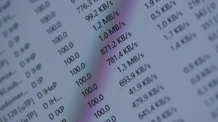 Computer screen displaying real-time data transfer speeds, showing various upload and download rates in kilobytes per second, representing network activity and file sharing processes, close-up.