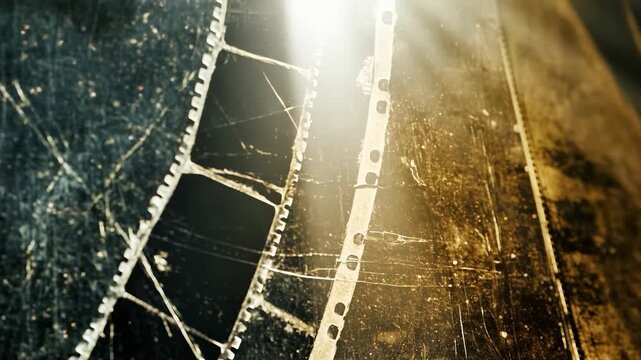 Close-up of a weathered film strip with scratched emulsion, perforated edges, and grainy vintage texture, capturing cinematic nostalgia and aging celluloid with moody reflections