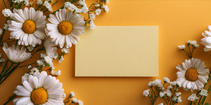 Daisies and Gypsophila: Note Card on Sunny Yellow Backdrop, Bright Floral Arrangement