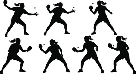 Silhouette table tennis player action poses collection featuring female athlete hitting ping pong ball with paddle for sports training vector illustration