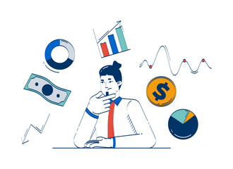 Businessman analyzing financial data and trends doodle illustration concept. Investment planning. Economic forecast. Market research cartoon 2D character isolated on white. Hand drawn vector metaphor