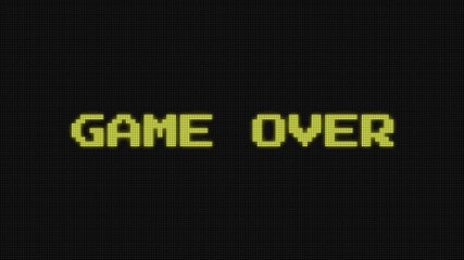 “GAME OVER” text in 8-bit pixel art with glitch distortion on a black background, delivering a bold retro-game ending screen in sharp 4K animation.