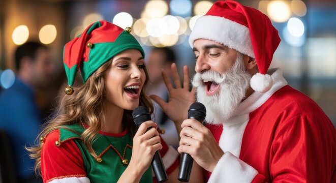 Woman elf and man dressed as Santa Claus singing karaoke at Christmas party. Festive entertainment for holiday season. - Powered by Adobe